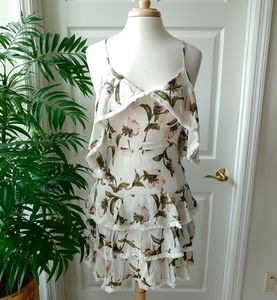Tea n Cup Floral Fringe Tiered Layered Ruffle Fit & Flare Mini Dress White M